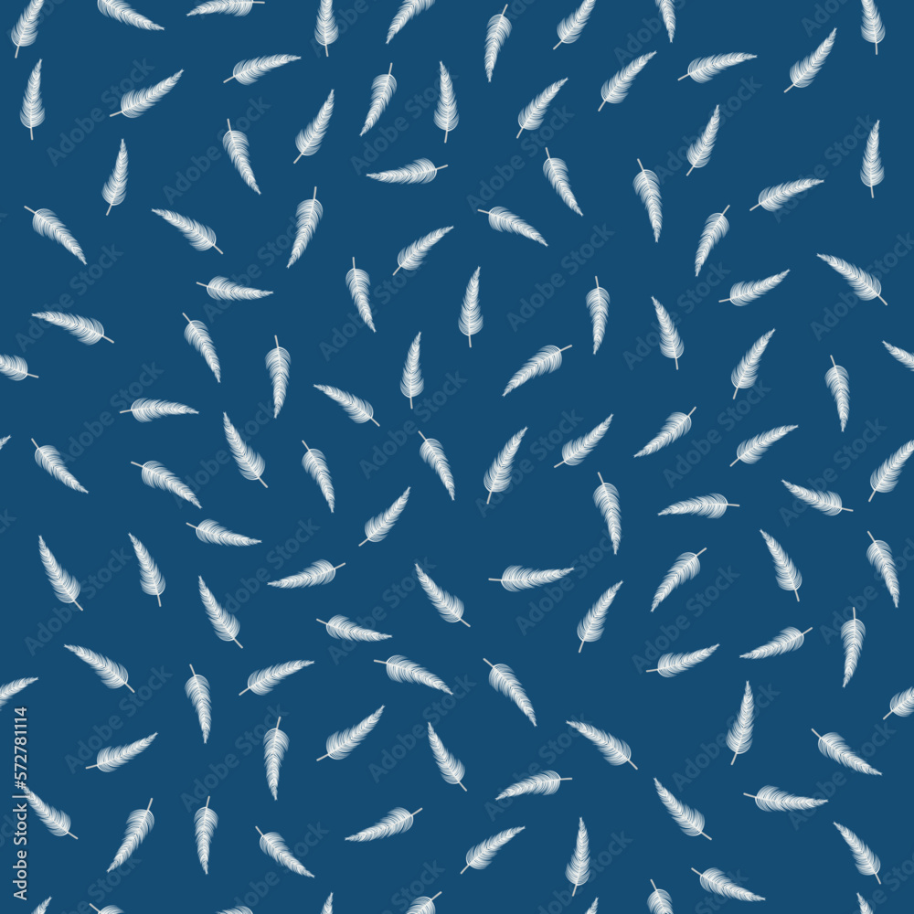 Pattern of white feathers. Bird Nibs fall on a blue background. Light flight of fluff. Softness. Seamless pattern. Pattern of white feathers. Bird Nibs fall on a blue background. Light flight of fluff. Softness. Seamless pattern.