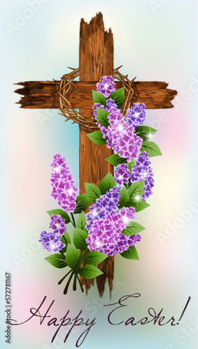 Easter Christian wooden cross with  flowers lilac. vector illustration