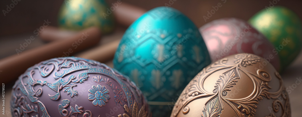 Easter eggs painted with festive ornaments and decorations. Multicolored easter eggs banner with different patterns. Holy Week tradition. Traditional holiday of the Christian religion. Generative AI.