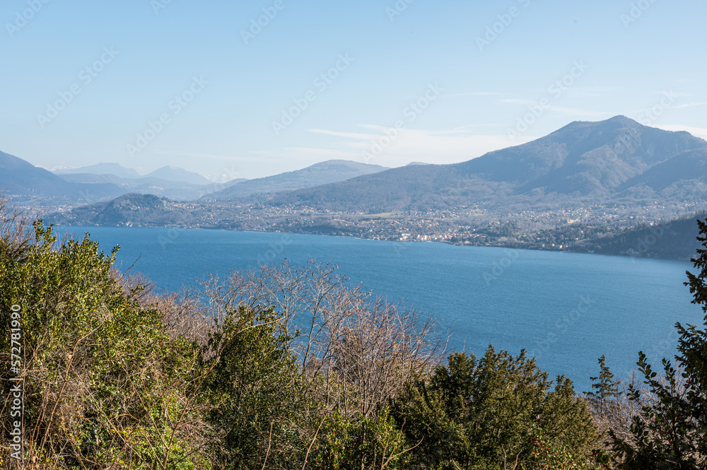 Aerial view of the Lake Maggiore from the Sacro Monte of Ghiffa