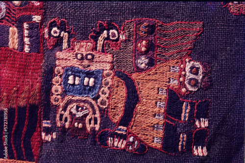 Ica  paracas  Peru -April 2016 -the culture nazca with details of textil figure mithical, being horrible bird, mithical killer ,spotter cat from 100bc to 800 ac  aequeological site and history