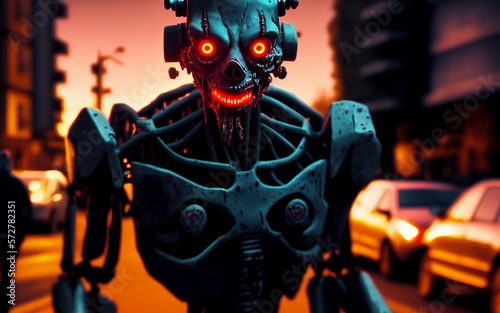 3d illustration, of a robot zombie, walking down the street, with terrifying look and glowing eyes.
