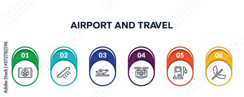 airport and travel outline icons with infographic template. thin line icons such as airplane flight card, ors down, departures, restaurant, gas station, phones not allowed vector.