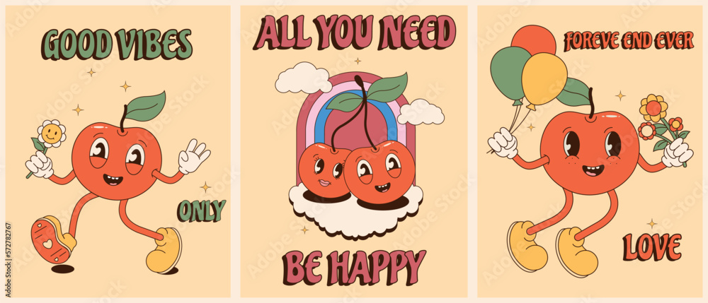 Obraz premium Set of groovy lovely cherry retro posters. The concept of love, happiness, holiday. Trendy cartoon retro 60s 70s style. Postcard, print, sticker, print. Vector
