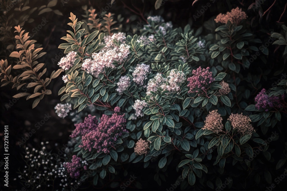 Dark mood bush with flowers. Generative AI illustration Dark mood bush with flowers. Generative AI illustration