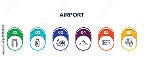airport outline icons with infographic template. thin line icons such as airport security portal, bag for travel, passport control, bell reception, boarding card, airplane flight ticket vector.