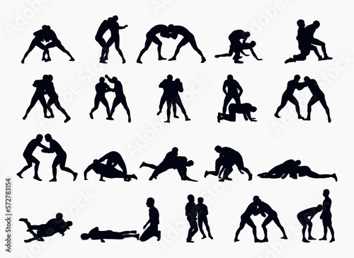 Set black silhouettes athlete wrestler in wrestling, duel, fight. Greco Roman  wrestling, martial art