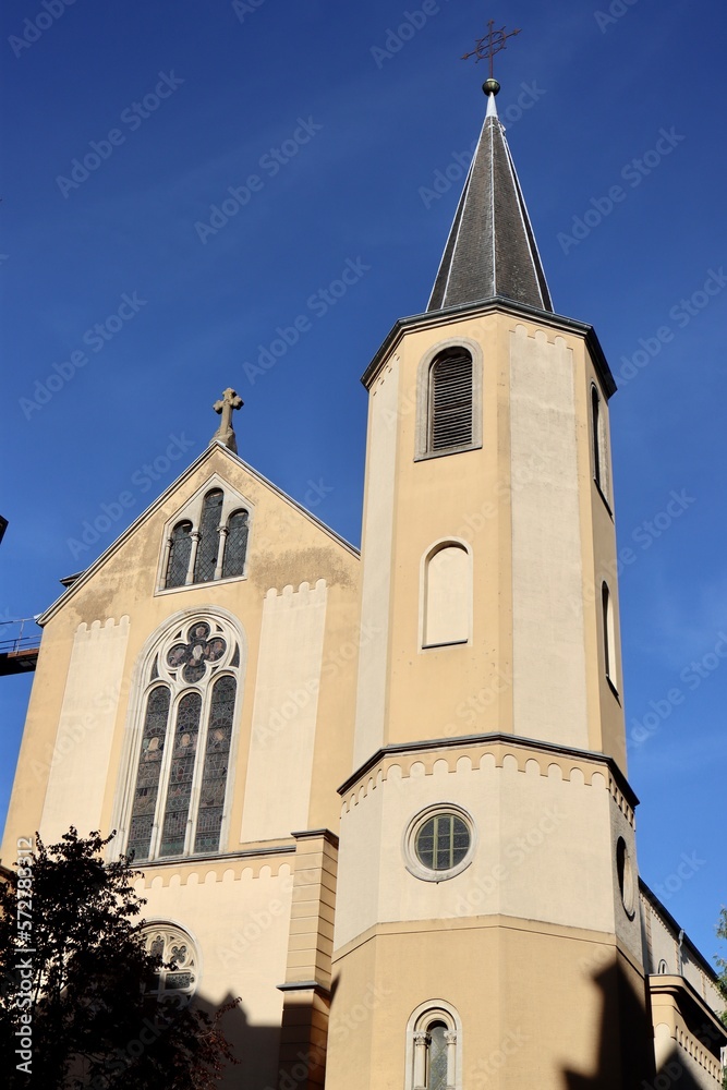 St Alphonse church facade with tower in Luxembourg old town. The 19th century building houses English speaking parish