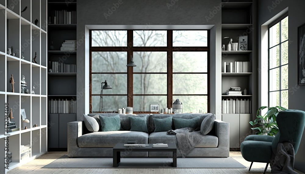 Fototapeta premium Interior of modern living room with grey sofas, window and shelving unit generative ai