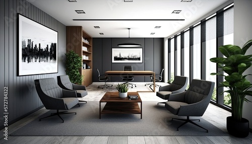 Modern and comfortable company office interior with formal meeting room and relaxation area generative ai