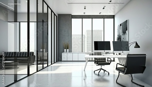 Modern urban company office indoor building interior with workstation and empty white wall generative ai