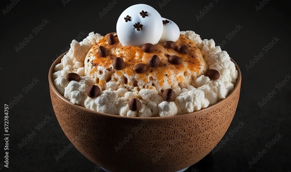 a bowl of food with marshmallows and chocolate chips. generative ai a bowl of food with marshmallows and chocolate chips. generative ai