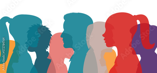 portrait of people in silhouette profile. colored silhouettes and profiles of people, vector interracial illustration
