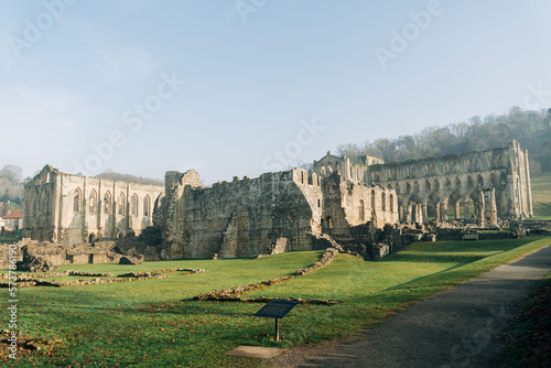 Ancient arches and pillars, part of Rievaulx Abbey in North Yorkshire. Religious monestary ruins.