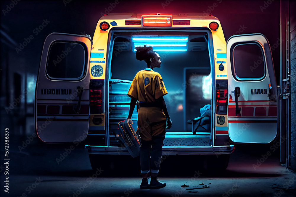 ภาพประกอบสต็อก Young female african american paramedic standing rear of