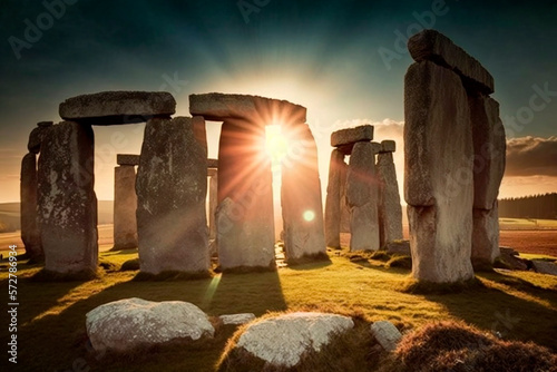 Fototapeta Illustration Stonehenge with sunset prehistoric monument AI generated