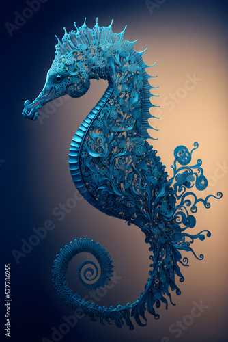 Delicate seahorse sculpture, metallic blue dragon-like pattern, Generative AI illustration © Stable Extrusion