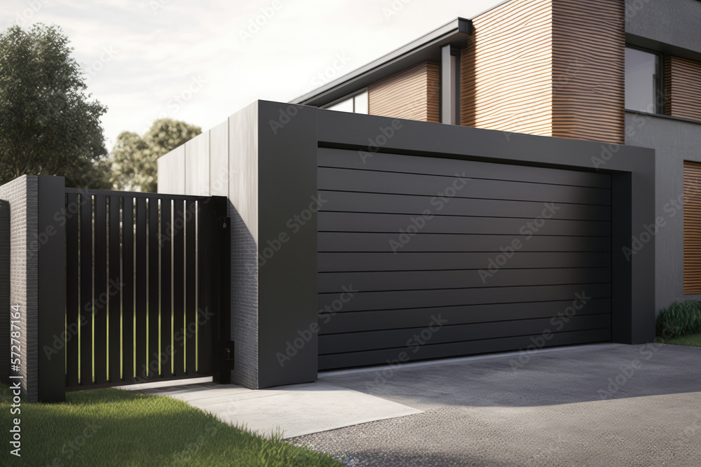 Automatic gate entrance in modern style house. Created with Generative AI technology.