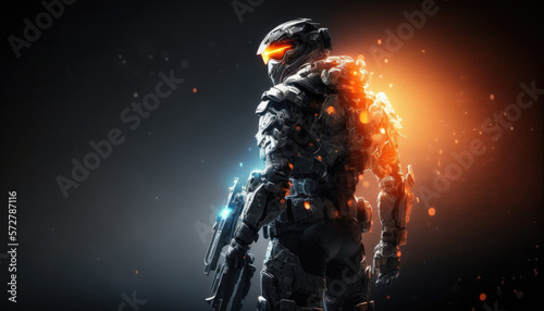 Brave special forces soldier of future in high tech military equipment. Copy space. Created with Generative AI technology.