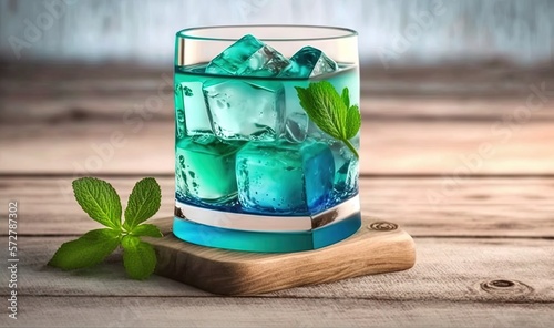  a glass of ice tea with mint on a wooden table. generative ai