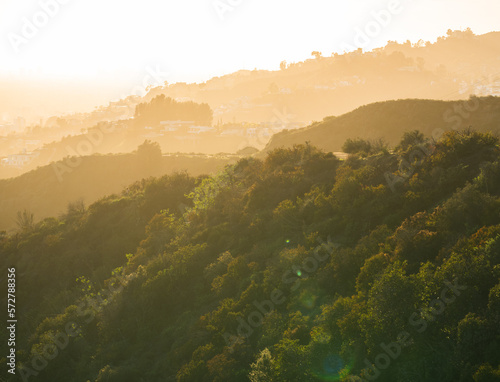 Beautiful sunlight over the hills in Hollywood, California. Runyon Canyon views photo