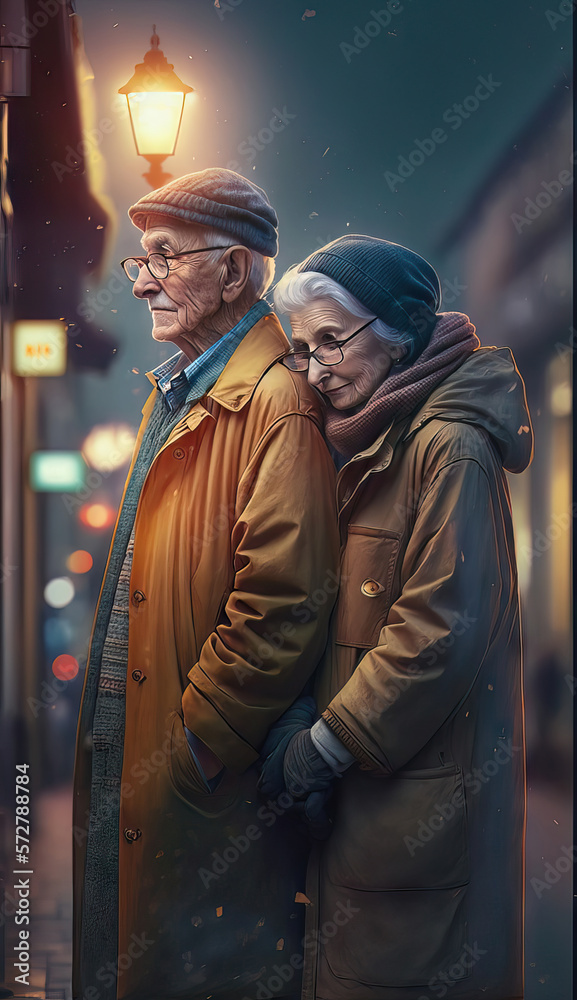 AI generated elderly couple on a crowded street
