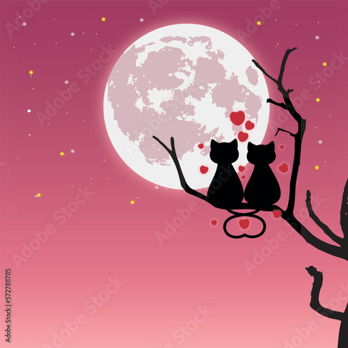 Ilustracion vectorial del dia de San Valentin. Linda pareja de gatos viendo la luna llena al anochecer. Diseño vectorial editable.