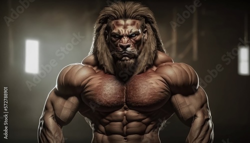 Portrait of a strong male lion in a gym. Bodybuilding concept