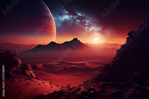 Sunset, olympus mons, mars landscape, starry sky. Generative AI.