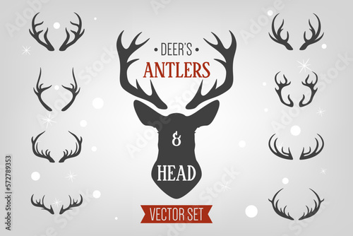 Vector Reindeer Horns, Antlers. Deer Horn Silhouettes. Hand Drawn Deers Horn, Antler Set. Animal Antler Collection. Design Elements of Deer. Wildlife Hunters, Hipster, Christmas and New Year concept