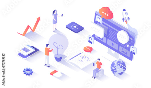 Social Innovation, Idea, Strategy, Technology, Innovative Approaches. Isometry illustration with people scene for web graphic.