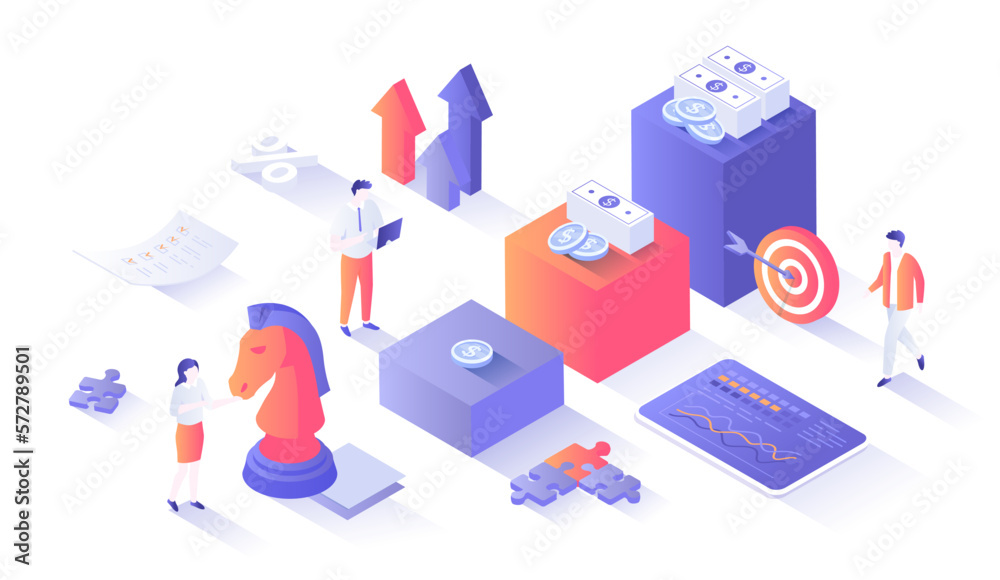 Investment strategy. Financial success from investing. Profit growth steps. Isometry illustration with people scene for web graphic.