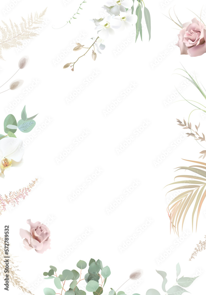 Silver sage green and blush pink flowers vector design frame. Dusty rose, white orchid, pampas grass, eucalyptus Silver sage green and blush pink flowers vector design frame. Dusty rose, white orchid, pampas grass, eucalyptus