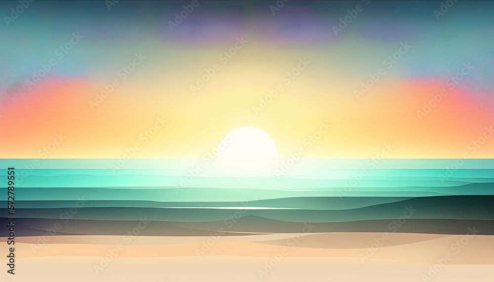 Sunrise at sea and beach landscape background and wallpaper. A colorful digital art sunset at the beach. Digital illustration generative AI.