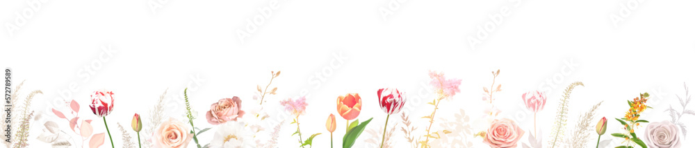 Spring tulips, blush pink rose, beige and pale flowers, creamy peony, ranunculus, white orchid, pampas grass, dried leaves