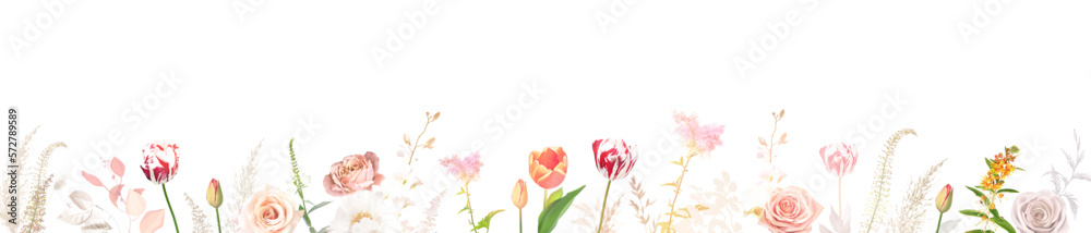 Spring tulips, blush pink rose, beige and pale flowers, creamy peony, ranunculus, white orchid, pampas grass, dried leaves Spring tulips, blush pink rose, beige and pale flowers, creamy peony, ranunculus, white orchid, pampas grass, dried leaves