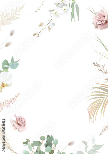 Wallpaper Mural Silver sage green and blush pink flowers vector design frame. Dusty rose, white orchid, pampas grass, eucalyptus Torontodigital.ca