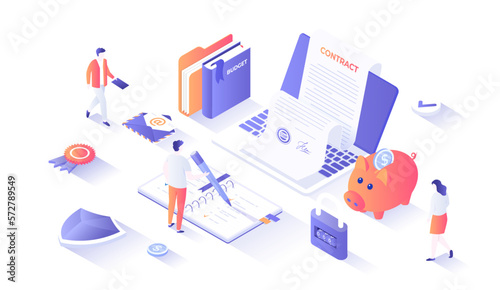 Partnership Agreement Deal Successful business concept. Online contract inspecting and signing, document with electronic signature, stamp. Isometry illustration with people scene for web graphic. © vectorhot