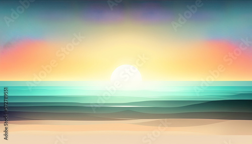 Sunrise at sea and beach landscape background and wallpaper. A colorful digital art sunset at the beach. Digital illustration generative AI. © Tepsarit