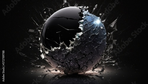 Photo ping glossy broken glass ball too small in black univers background- generative ai