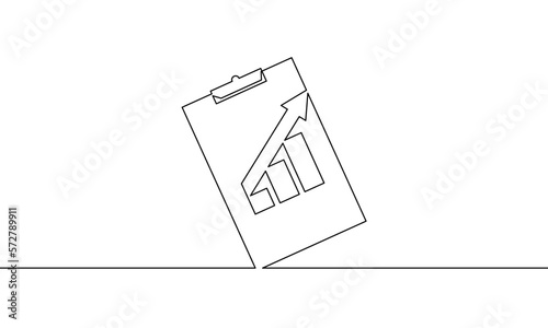Continuous line drawing of clipboard. Growth graph outline. Arrow up. Business growth. Bar chart. Object one line, single line art, vector illustration