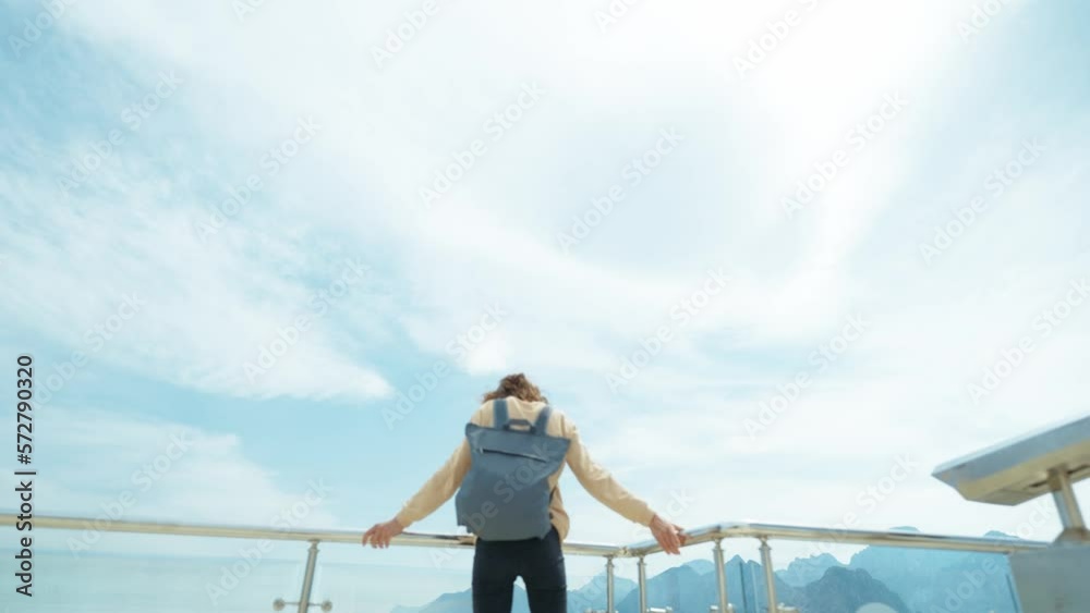 traveler freedom woman with open arms at mountain top view point smiling and enjoying mountains view, summer journey vacation in Antalya, Turkey traveler freedom woman with open arms at mountain top view point smiling and enjoying mountains view, summer journey vacation in Antalya, Turkey
