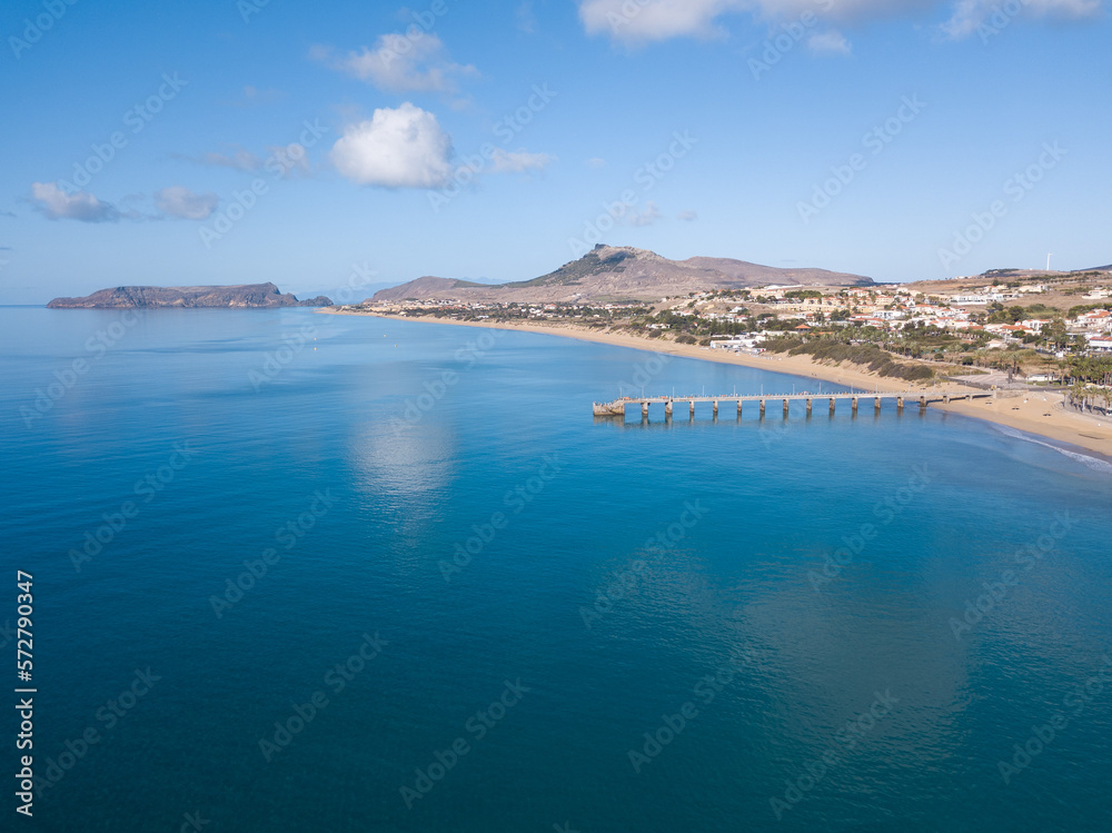 Porto Santo Island's bay. Calm water on a summer day morning. Copy space.