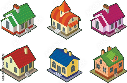 Isometric houses. Suburban residential houses isometric set. Cottages isometric