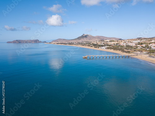 Porto Santo Island's bay. Calm water on a summer day morning. Copy space.