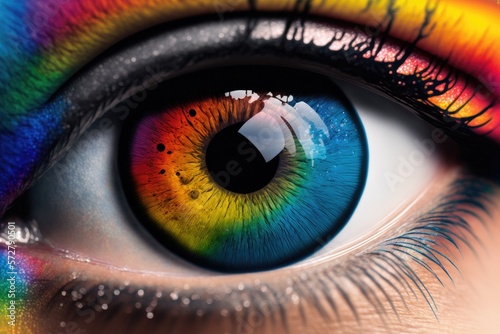 Close up of abstract human eye in rainbow color, realistic beautiful sharp zoom, created by Generative AI.