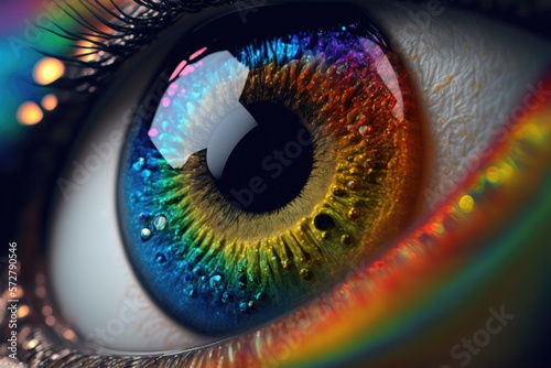 Foto Close up of abstract human eye in rainbow color, realistic beautiful sharp zoom, created by Generative AI