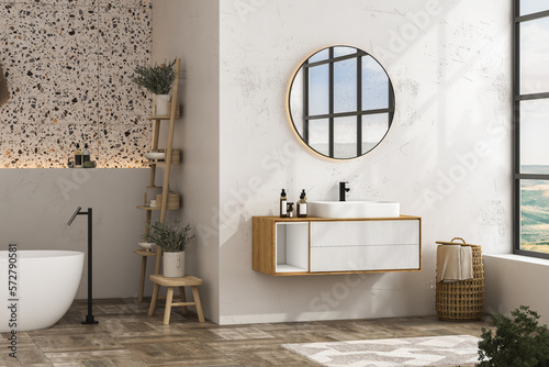 Modern minimalist bathroom interior, modern bathroom cabinet, white sink, wooden vanity, interior plants, bathroom accessories, bathtub, white wall, terrazzo flooring. 3d rendering