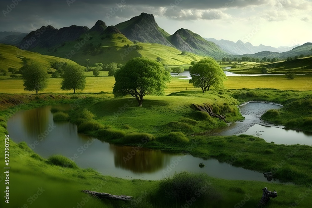 Lush Green Mountain Landscape with Trees along Waterway