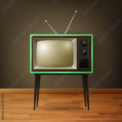 Vector 3d Realistic Retro TV Receiver on Wooden Floor. Home Interior Design Concept. Vintage TV Set, Television, Front View